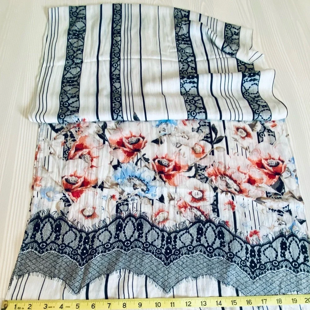 Vintage Boho Floral Faux Lace Print Scarf Wrap 68” x 20” Shabby Chic Cottagecore
